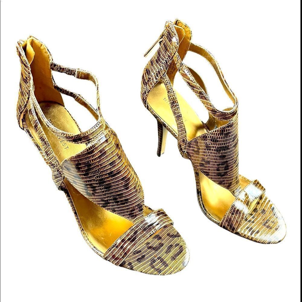 NWOT Nine West Shiny Embossed Leopard Leather Open Toe Stiletto Size 9
